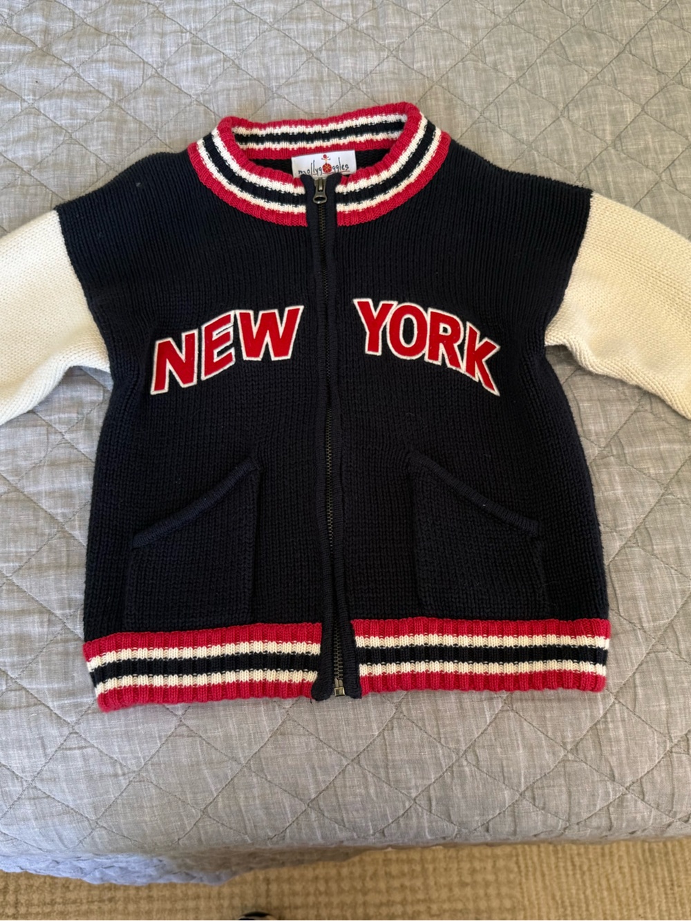 Kids Navy & Cream Zip-Up Sweater with 'New York' Applique